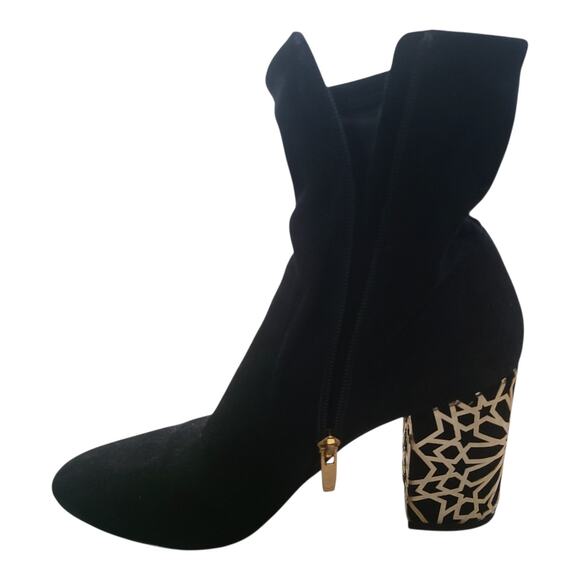 Via Spiga Black Suede Ankle Booties 8.5M Gold Metallic Block Heel Vero Cuoio - Picture 11 of 13